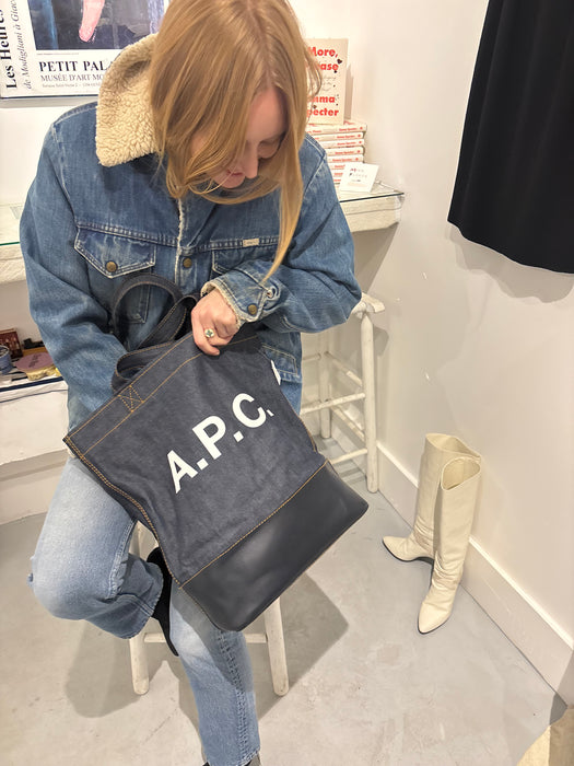 denim tote. APC. leather bottom.
