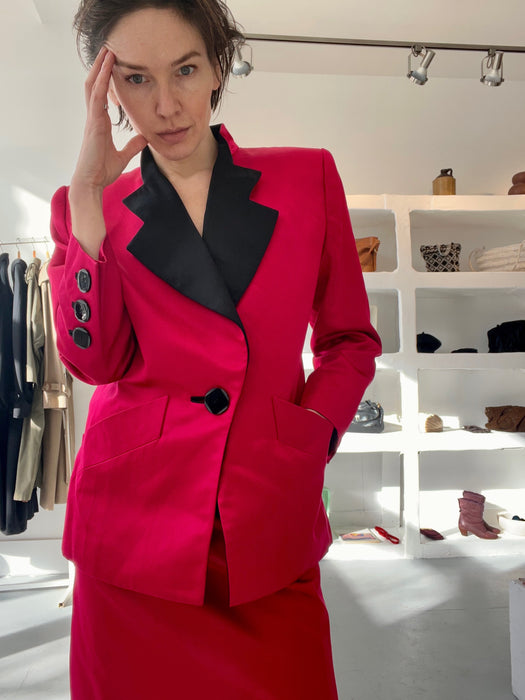 red. YSL. suit. RIVE GAUCHE.