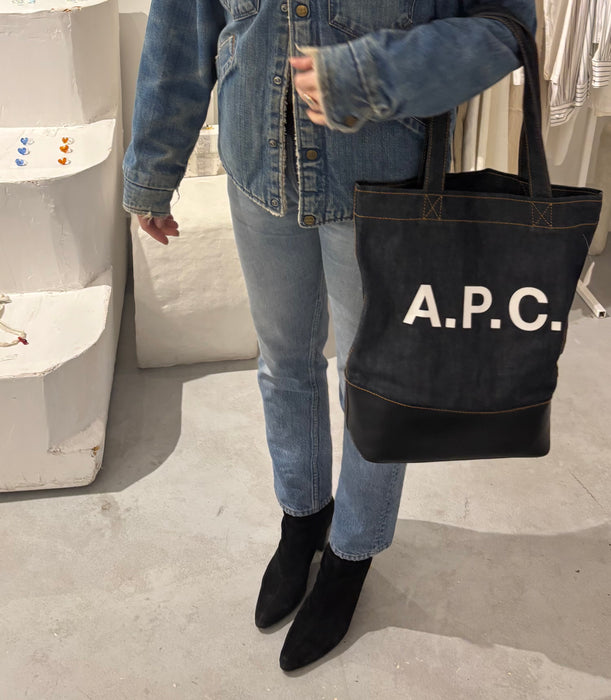 denim tote. APC. leather bottom.